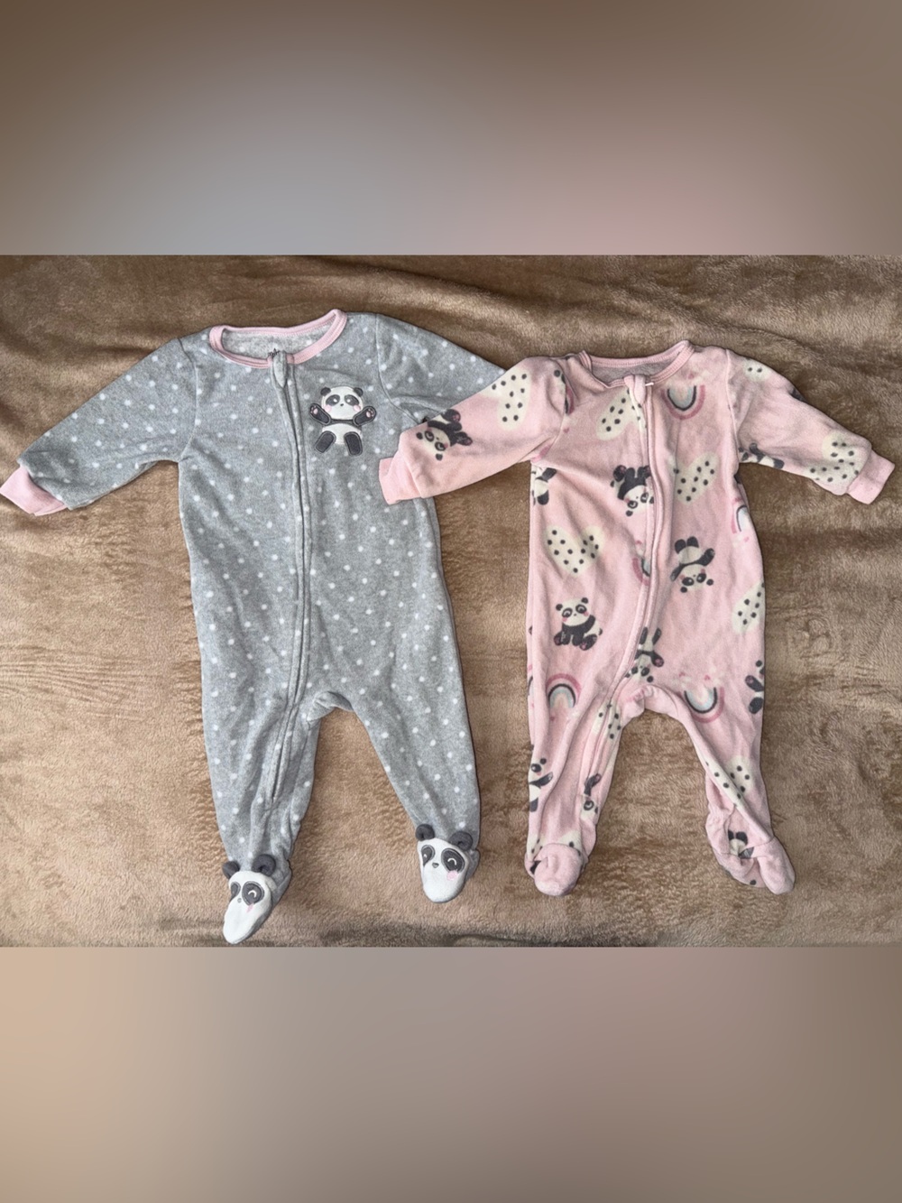 Panda Print Pink and Gray Baby One-Piece Sleepers